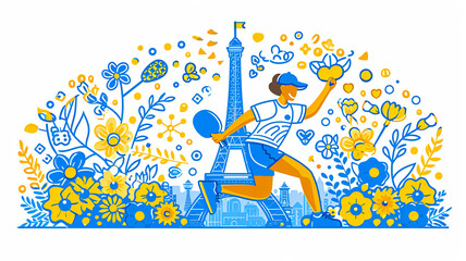 simple line art minimalist collage illustration with professional in table tennis practices tactics or strategy of the game and Eiffel Tower in the background, olympic games, wide lens