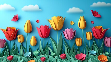 Colorful Tulip Field Against Blue Sky: Beautiful Paper Cut Flowers for Springtime Easter Nature - AI Generated