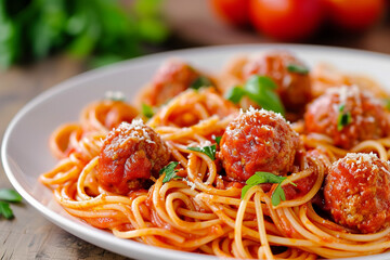 Authentic homemade spaghetti with meatballs and grated parmesan cheese
