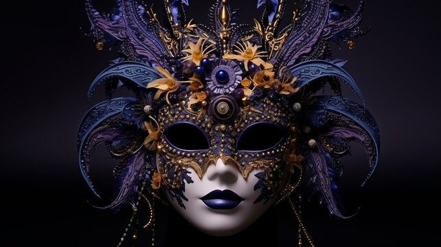 Élégant masque vénitien, avec des éléments décoratifs, violet et doré. Matière, beauté, carnaval. Venise. Pour conception et création graphique.