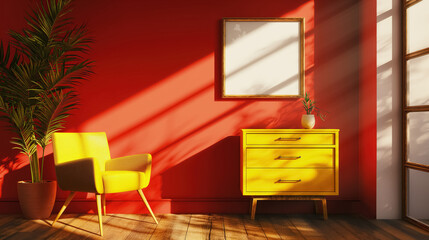 Blank poster frame mock up template, living room interior in modern style, red walls on background, yellow armchair, dresser and green plant. Play of light and shadows