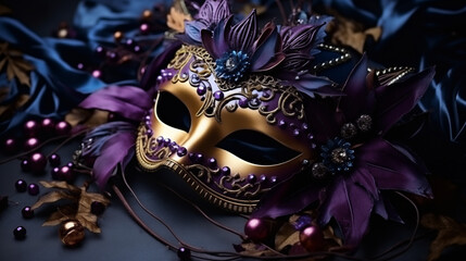 Élégant masque vénitien, avec des éléments décoratifs, violet et doré. Matière, beauté, carnaval. Venise. Pour conception et création graphique. - obrazy, fototapety, plakaty