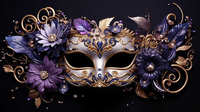 &Eacute;l&eacute;gant masque v&eacute;nitien, avec des &eacute;l&eacute;ments d&eacute;coratifs, violet et dor&eacute;. Mati&egrave;re, beaut&eacute;, carnaval. Venise. Pour conception et cr&eacute;ation graphique.