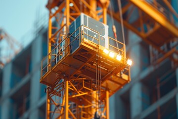 Construction crane with lights on, positioned in front of a building. Ideal for illustrating construction projects or urban development.