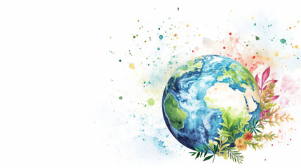 Obraz na płótnie Canvas Earth Day celebration concept. Planet Earth in watercolor doodle style. White background and space for text. Support for environmental protection.