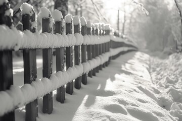 A photo of a fence covered in snow. Perfect for winter-themed projects