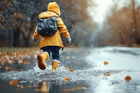 Child running through a puddle wearing a yellow jacket and rain boots. Suitable for outdoor activities and weather-related themes