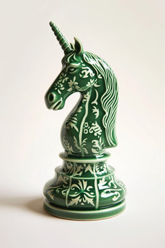 illustration of green horse chess piece on saibro with chess patterns, risograph, polished, ceramic, unicorn