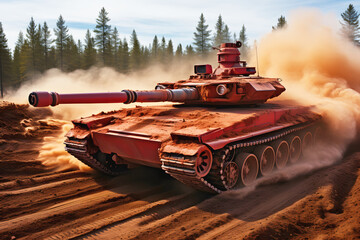 Modern tank on the battlefield, armed with a huge cannon - obrazy, fototapety, plakaty