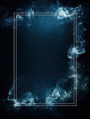Neon glass frame surrounded by glowing blue smoke, on a dark background with copy space. Misty, empty rectangular frame with borders made of abstract swirls of smoke and vapor.