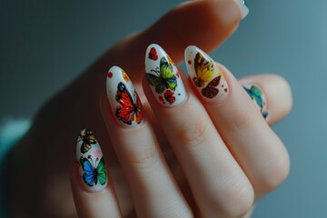 A person showcasing a vibrant and intricate butterfly design on their nails. Perfect for nail art enthusiasts and beauty enthusiasts looking for inspiration