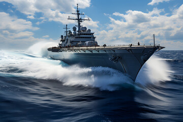 Photo of USS latest technology nuclear powered aircraft carrier anchored in deep blue open ocean
