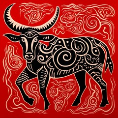 A bull icon minoan art accents deep reds ink drawing