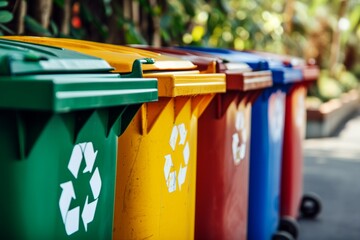 Colorful garbage cans with recycle symbols outdoors - obrazy, fototapety, plakaty
