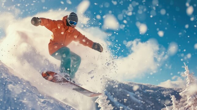 A man is pictured riding a snowboard down the side of a snow covered slope. This image can be used to depict winter sports and outdoor activities