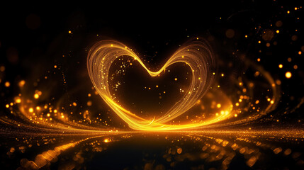 Sparkling energy heart made of golden light and glitter, on black background. Fiery heart shape glowing in dark space. Symbol of love, Valentine’s Day, New Year party, festive light painting.