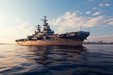 Fototapeta premium Photo of USS latest technology nuclear powered aircraft carrier anchored in deep blue open ocean