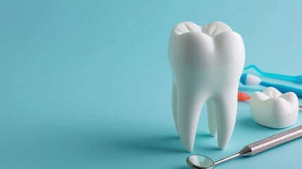 A dental care background featuring 3D white teeth with ample copy space