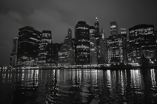 A black and white photo capturing the beauty of a city at night. Perfect for urban-themed projects or to create a moody atmosphere in designs