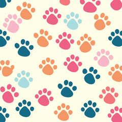 Fototapeta premium cat paws seamless repeat pattern background Pet vector, pastel Cute colorful paw wallpaper