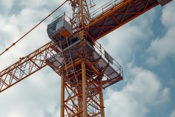 A crane perched on top of a building. Suitable for construction, urban landscapes, and architectural themes
