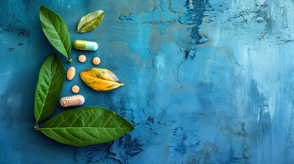 Blue Background With Green Leaves and Pills - obrazy, fototapety, plakaty