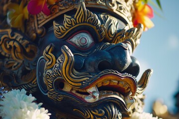 Obraz premium A close up of a statue with flowers on its head. Perfect for adding a touch of beauty and elegance to any project