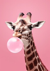 Funny animal concept, portrait of cute giraffe chewing gum and making balloons and posing for ID on pink background. - obrazy, fototapety, plakaty
