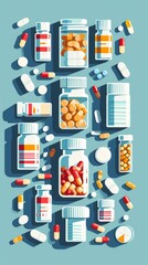 Assorted Pills and Pills on Blue Background