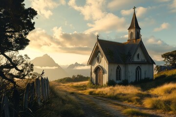 A picturesque chapel poised at a crossroads, captured in the timeless allure of classic landscape artistry generative ai