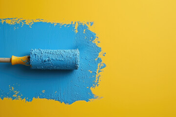 A roller of blue paint on a vibrant yellow wall. Perfect for interior design projects or adding a pop of color to any space