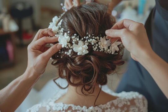 A bride having her hair styled by a professional stylist. Ideal for wedding preparations and bridal beauty images