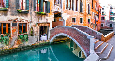 romantic Venetian streets and canals. Bridges of Venice, Italy