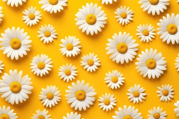 Top view of daisy flower heads arranged in a pattern against a solid yellow backdrop