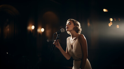 Stylish retro girl in vintage dress sings into a microphone. Woman singer of 20s and 30s years. Concert and performance. White Spotlights. AI Generated - obrazy, fototapety, plakaty