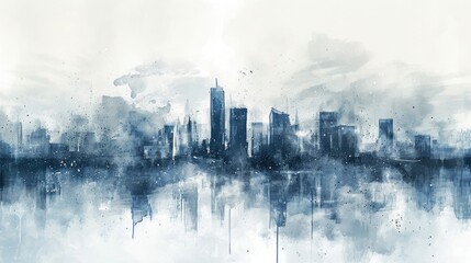 A painting of a city skyline covered in a mysterious fog. Perfect for adding an atmospheric touch to any design project