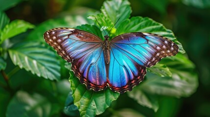 Fototapeta premium A beautiful blue butterfly perched on a vibrant green leaf. Perfect for nature enthusiasts and wildlife lovers