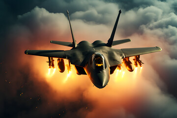 Modern stealth fighter plane. Flight in formation, flyby and landing, take off bombing, dog fight, firing missile.