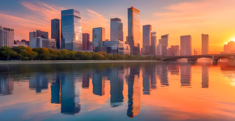 Obraz premium Imagine a city skyline reflected in the calm waters of a river during sunset
