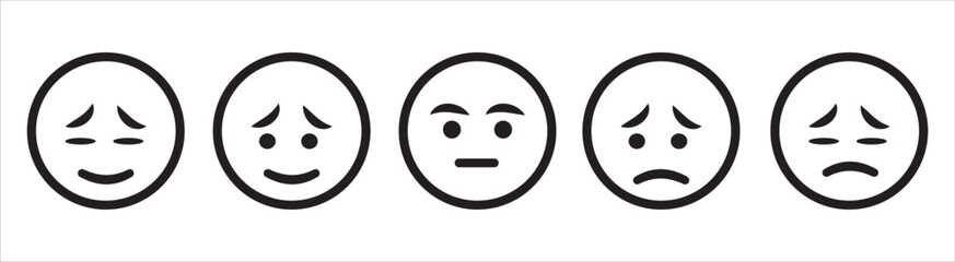smiley face emoticons. Emoji faces collection. Emoticons set. Emojis flat style. Happy and sad emoji. Line smiley face. Customer feedback. Excellent, good, normal, bad, awful. - obrazy, fototapety, plakaty