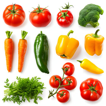 Vegetables (e.g., tomatoes, bell peppers, carrots) isolated on white background, photo, png
