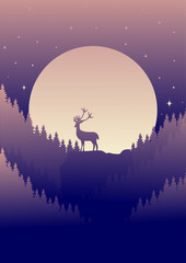 Silhouette of deer standing on the cliff in night forest. Magical misty landscape, full moon with stars