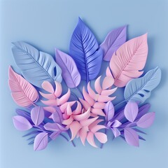 Set of delicately crafted plasticine leaves in a pastel bouquet of pink, lilac, and baby blue, set against a tranquil background.