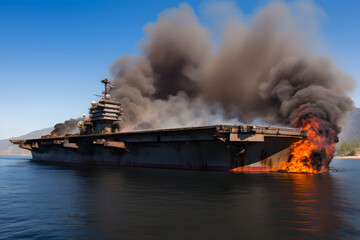 Fototapeta premium Photo of USS latest technology nuclear powered aircraft carrier anchored in deep blue open ocean