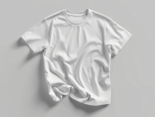 A realistic 3d blank mockup of a white t-shirt, lying on a grey floor. Created with Generative AI.