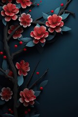 dark background with red flowers, in the style of oriental minimalism, chinese new year festivities