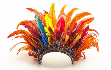 
Cocar de penas para mulheres, festa de carnaval brasileiro, peça de cabeça, cocar de coroa de lantejoulas, fundo branco - obrazy, fototapety, plakaty