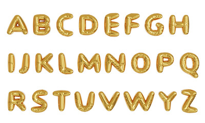 Inflatable english alphabet capital letter from K to R. Realistic three-dimensional set of floating golden toy balloon for greeting lettering. 3D illustration on transparent background.

