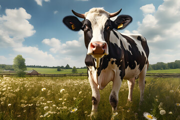Scenic meadow with a lovely cow surrounded by wildflowers and a backdrop of rolling hills Generative AI,