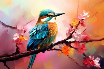 Happy Bird on Tree in Spring. Wildlife and Nature Concept with Colourful Feathers